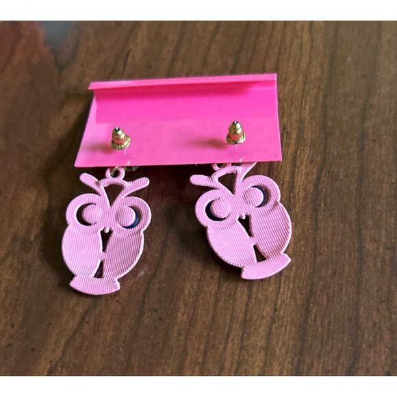Betsey Johnson Pink Owl Dangle Earrings With Glitter And Beaded Eyes - Picture 3 of 4